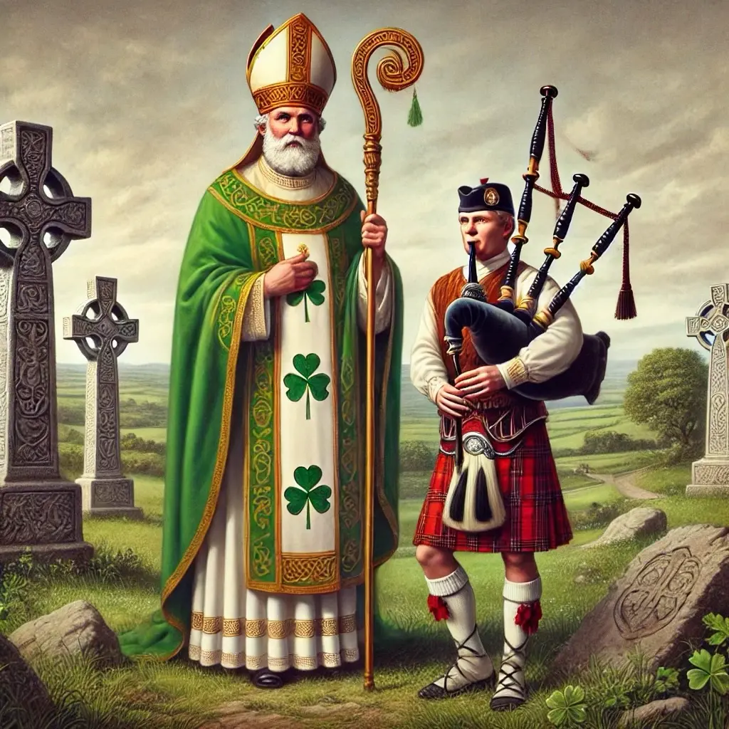 Saint Patrick and a bagpiper among Celtic crosses in the Irish countryside